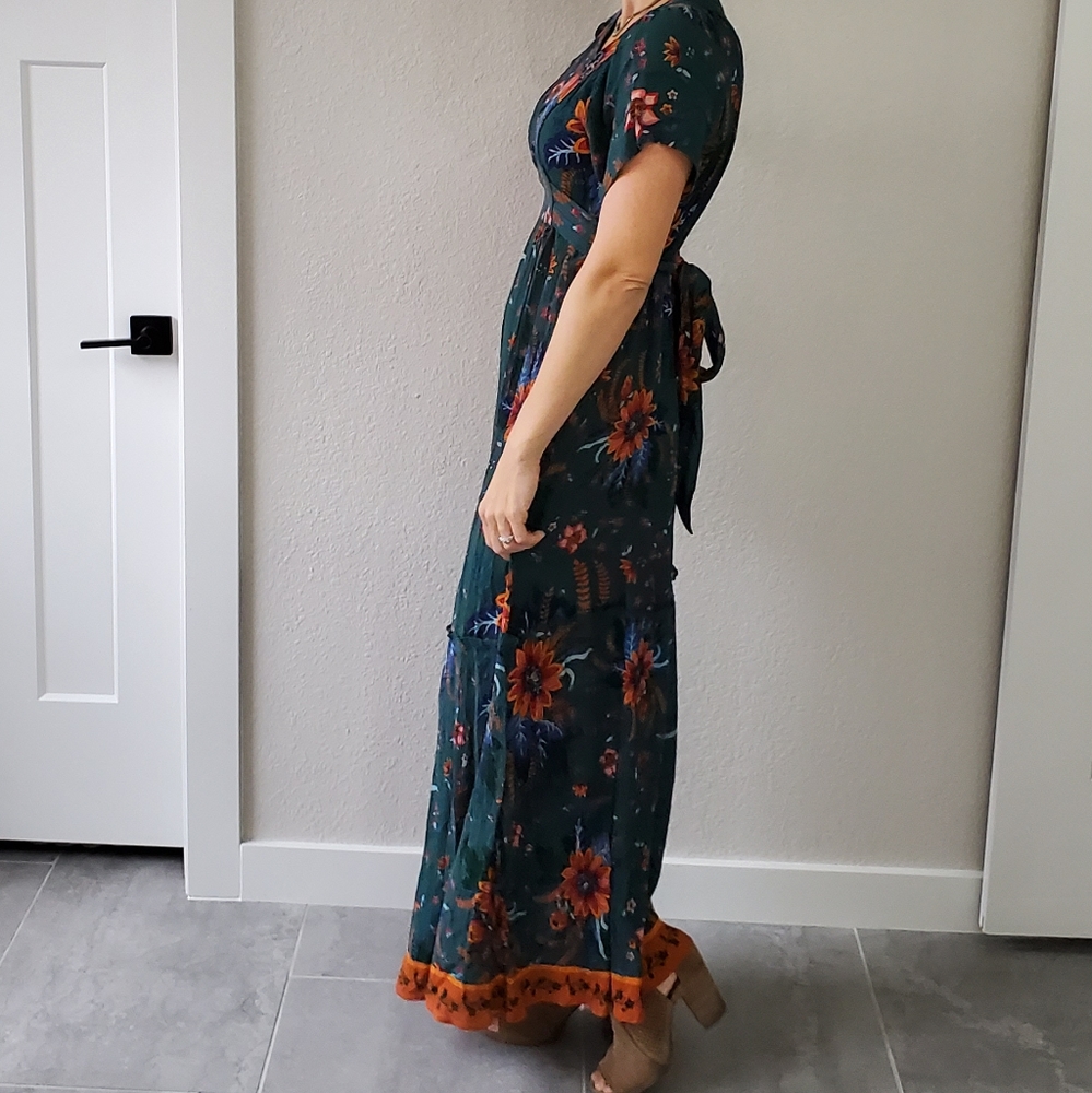 Patrons of Peace Dark Teal Floral Maxi Dress with Orange Trim